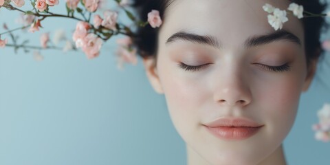 Fototapeta premium A woman with a flowery headband and a smile on her face. She has a very pretty face and is looking at the camera
