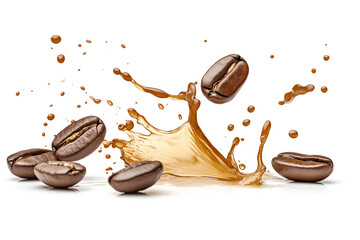 Close up of roasted coffee beans with a swirling coffee splash, emphasizing flavor and energy