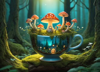 A teacup transforming into a miniature forest,  glowing mushrooms.