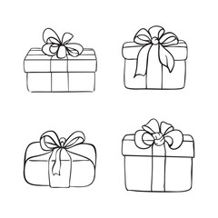Gift box with bow outline coloring book page line art vector drawing. Gift box isolated on white, Christmas gift box with ribbon, Outline gift box vector
