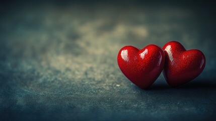 Fototapeta premium Two Shiny Red Hearts on a Dark Background with Soft Blur for Romantic or Valentine’s Day Themes