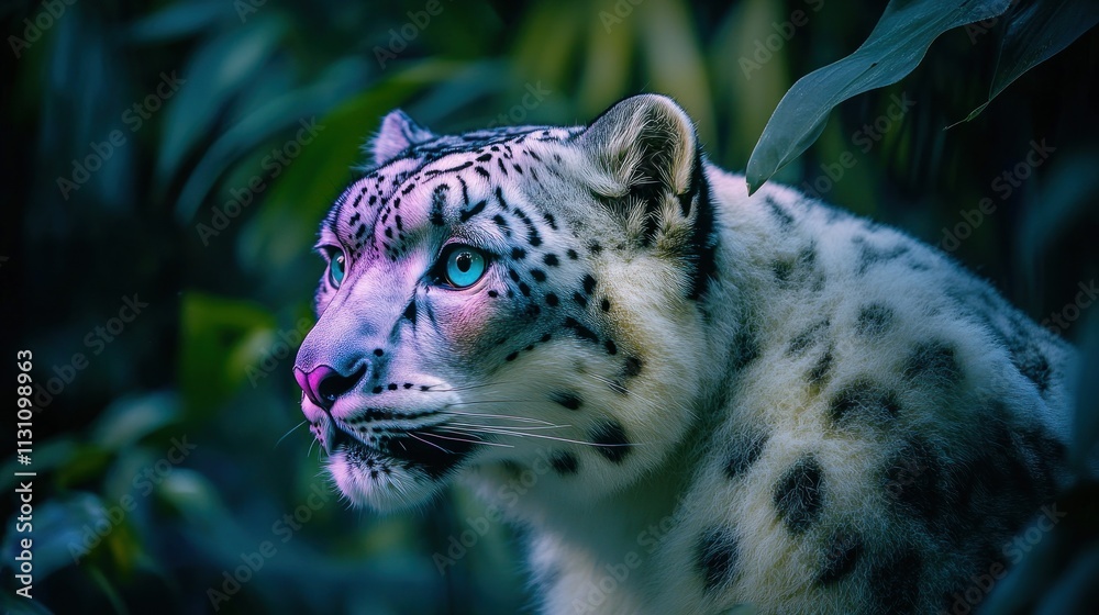 Poster a close-up of a snow leopard in a lush, green environment, showcasing its striking features.