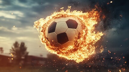 Fototapeta premium Flaming Soccer Ball in Action with Dramatic Background and Fiery Effects