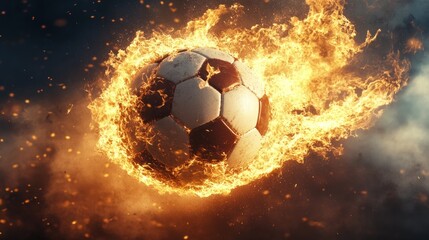 Fototapeta premium Flaming Soccer Ball in Dynamic Motion with Fiery Trail Capturing Action and Energy in a Stunning Visual