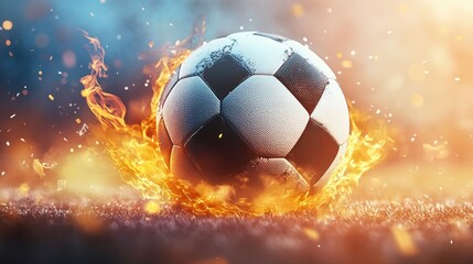 Fototapeta premium Soccer Ball Surrounded by Flames Creating an Eye-Catching Visual of Action and Excitement