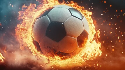 Naklejka premium Flaming Soccer Ball Surrounded by Intense Fire and Orange Flames Against a Dramatic Background