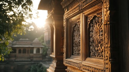 Naklejka premium Intricate Wooden Carving at Sunrise: A Glimpse into Architectural Marvel