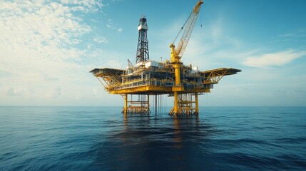 Modern Offshore Oil and Gas Rig Under Clear Sky and Calm Waters at Dawn with Crane and Equipment