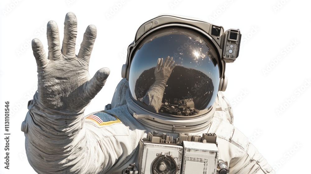 Poster An astronaut in a spacesuit waves, reflecting a cosmic scene in their visor.
