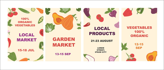 Organic vegetable market posters with dates and fresh produce.