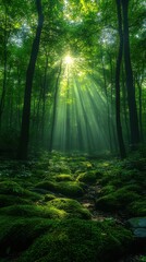 Obraz premium A serene forest scene with sunlight filtering through trees onto a mossy ground.
