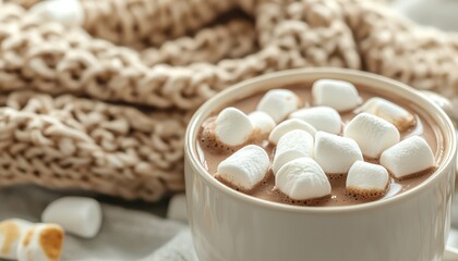 hot chocolate with marshmallows and a cozy knitted scarf in the background