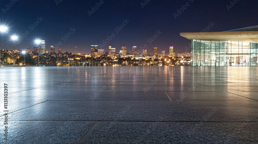 Poster Night view of a city skyline with a modern building and reflective surface.