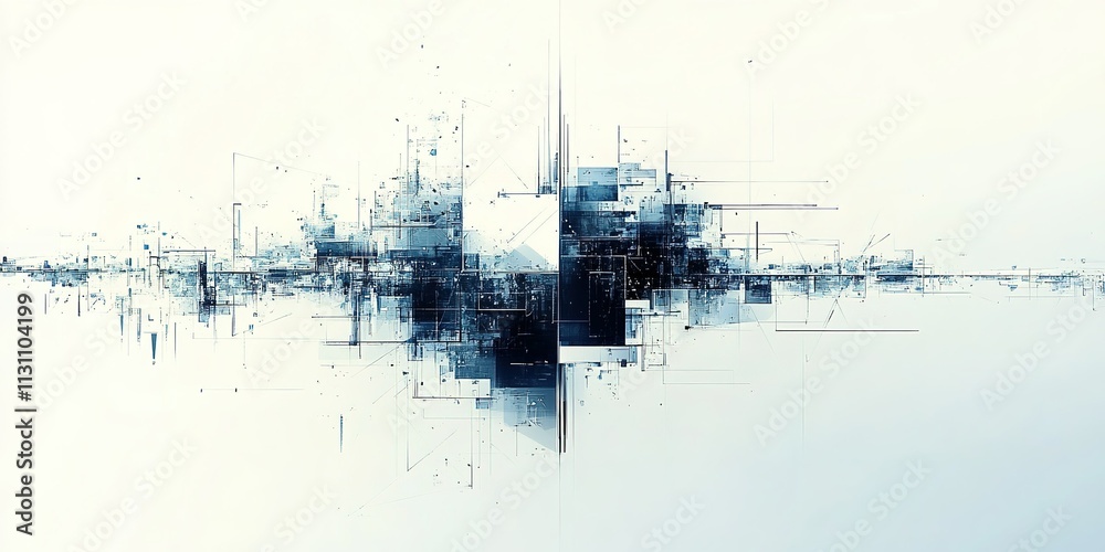 Poster abstract digital artwork representing interconnected structures and geometric patterns in a minimali