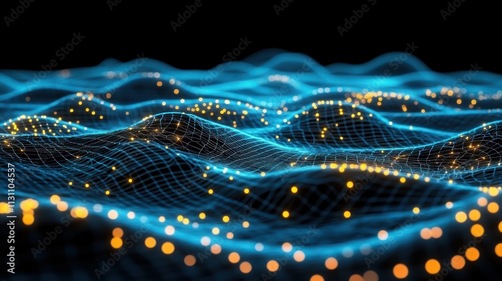Fototapete a digital representation of waves with glowing particles, illustrating data visualization.