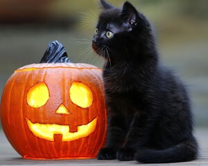 Black Kitten Sitting Beside a Glowing Jack-o'-Lantern, Halloween spirit