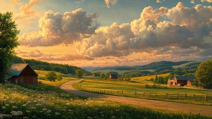 Fototapeta premium A serene landscape at sunset with rolling hills, fields, and rustic houses.