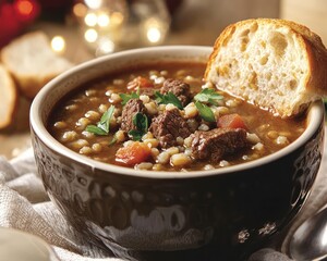 Bowl beef and barley soup with crusty bread, served in a warm, cozy dining room