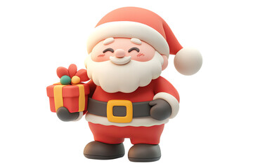 Obraz premium Cute 3D Santa Claus holding a gift box with a golden bow, smiling cheerfully on a plain white background. Minimalist and playful holiday design perfect for Christmas-themed projects, cards.