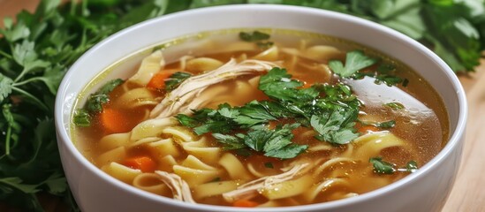 Bowl chicken noodle soup with fresh herbs, warming the kitchen on a cold day