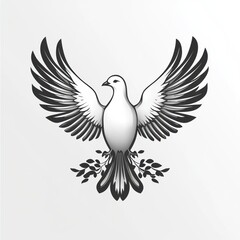 Obraz premium Elegant white dove with outstretched wings, centered against a neutral background, with stylized olive branches.