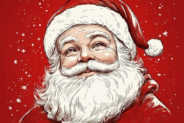 Illustration of Santa Claus with a joyful expression on a red snowy background. Hand-drawn festive artwork. Christmas and holiday celebration concept for design and print.