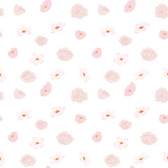 Fototapeta premium Pink floral pattern with roses and blossoms on white background.