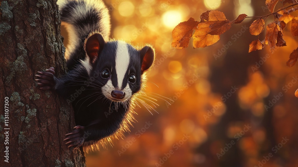 Poster a cute animal with a distinctive stripe climbs a tree amidst autumn foliage.