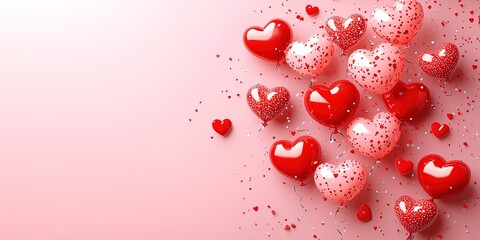Fototapeta premium Celebration of love with heart-shaped balloons and confetti on a soft pink background