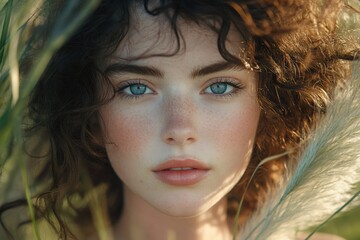 Close-up portrait of a young woman with freckles and curly hair, framed by tall grass.