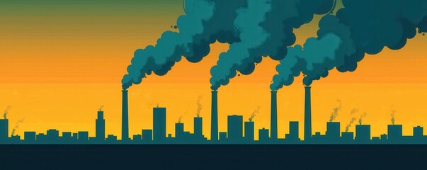 Obraz premium A skyline silhouetted against a sunset, with billowing smoke rising from industrial chimneys, highlighting pollution and urbanization.
