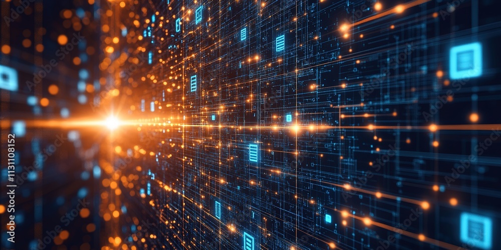 Poster Abstract digital network with glowing particles and data streams creating a futuristic atmosphere