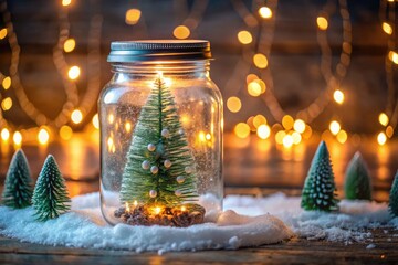 Mini Christmas tree in a glass jar with LED lights, mini accessories, and fake snow. Perfect for desks or small spaces, it&rsquo;s a unique, cute decor piece for the festive season.