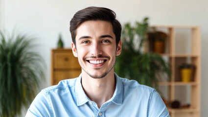 Fototapeta premium Profile picture of smiling young Caucasian man look at camera feel optimistic. Headshot close up portrait of happy millennial male show white healthy teeth. Renter or tenant satisfied with service 