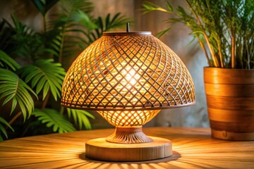 Wooden and bamboo lamps exude rustic beauty, with natural shades and warm yellow light, creating a cozy, intimate space. Skillful details evoke a peaceful, healthy, and nature-inspired lifestyle.