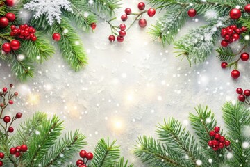White background with falling snow and sparkling snowflakes for a winter feel. Add green pine or red holly branches in the corners to highlight the space, creating a Christmas vibe