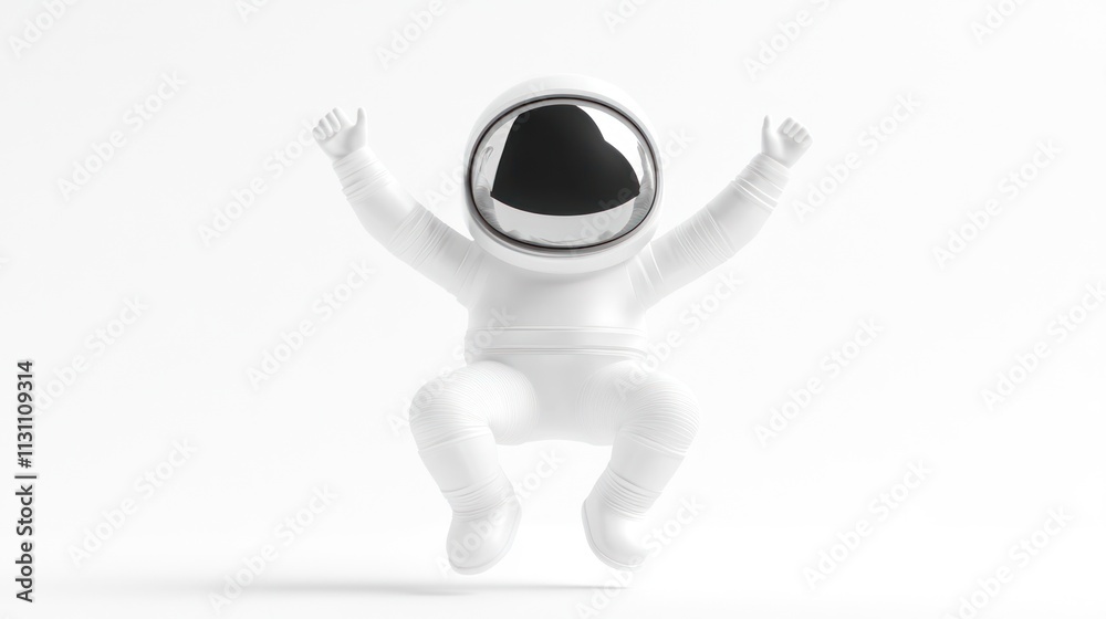 Fototapete a playful astronaut figure floating in a minimalist space.