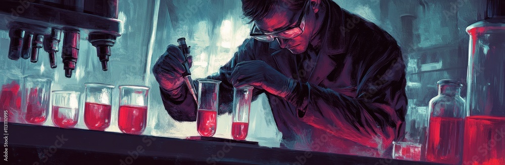 Aufkleber a scientist conducts experiments with colorful liquids in a laboratory setting.