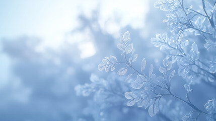 A serene background with delicate frost-covered leaves, creating an ethereal and dreamy atmosphere, frozen, misty foliage with an icy blue background