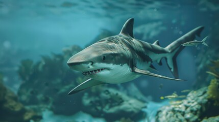 Fototapeta premium Majestic Requiem Shark Gliding Through Underwater. Graceful Lamnidae in Fluid Environment