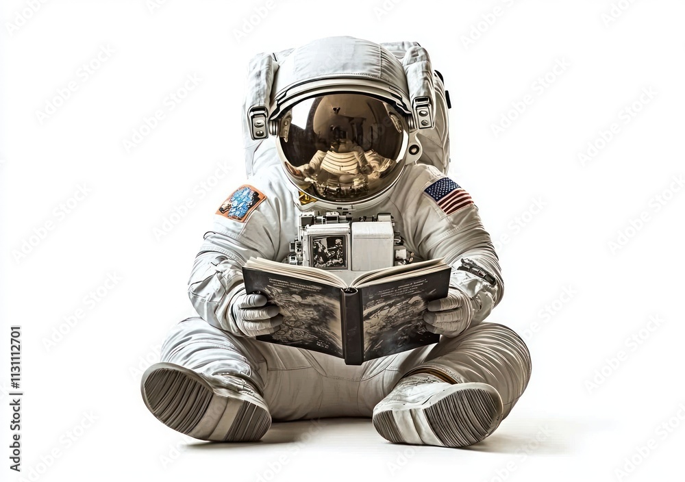 Poster an astronaut sitting and reading a book, blending space exploration with leisure.