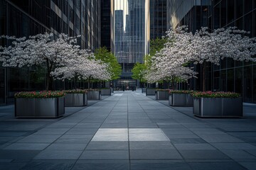 A serene urban plaza featuring flowering trees and planters amidst modern glass buildings.