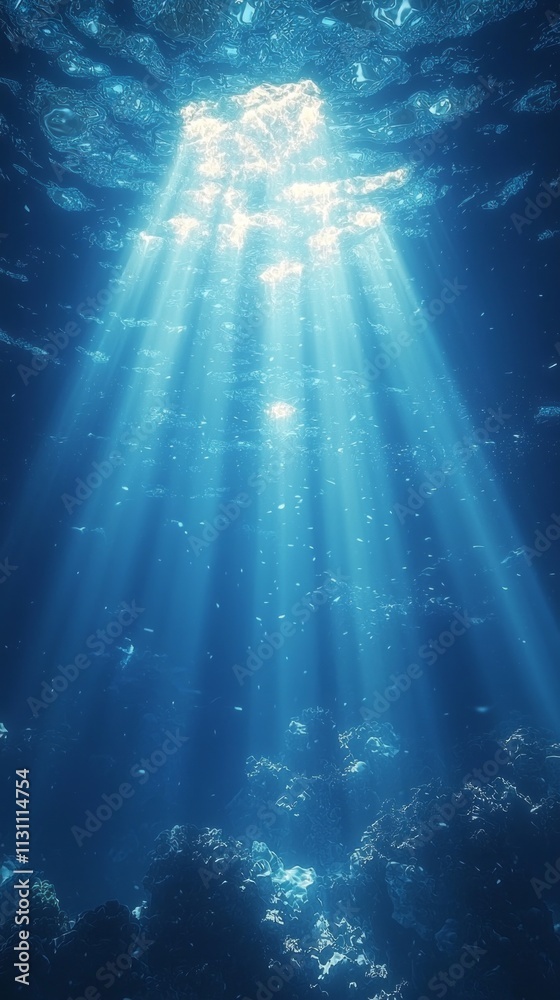 Poster diver gracefully navigates through crystal-clear waters as radiant beams of sunlight filter down, cr