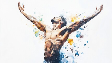 Naklejka premium Watercolor Painting of a Muscular Man with Raised Arms, Expressing Joy, Freedom, and Strength