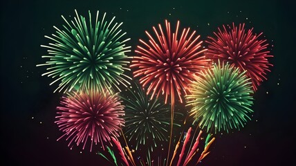 Fototapeta premium A stunning fireworks display in red and green bursts across a dark blue sky, creating a vibrant and festive celebration. The mood is joyous and perfect for ringing in the New Year. 