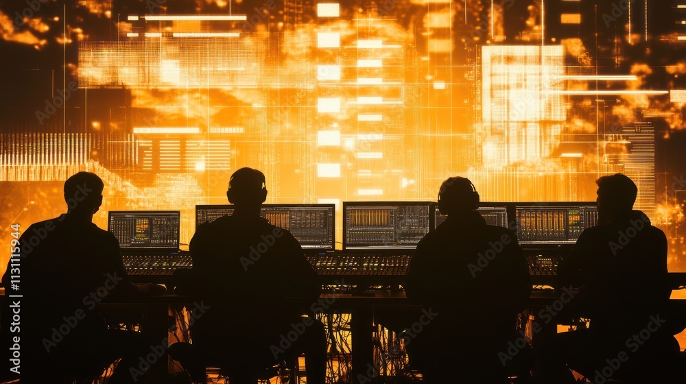 Poster silhouettes of individuals working at computer screens against a vibrant digital backdrop.