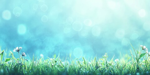 Obraz premium Realistic stock photo of a tropical meadow scene. In the foreground, grass flower and grass. The middle of the image features a meadow field, with a blurred background of the sun beam