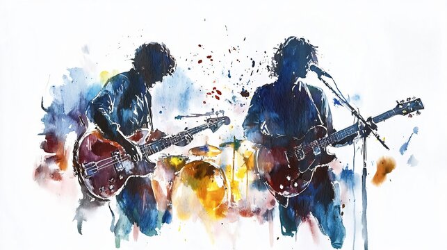 Dynamic Rock Band Watercolor Painting: A Captivating Live Music Scene