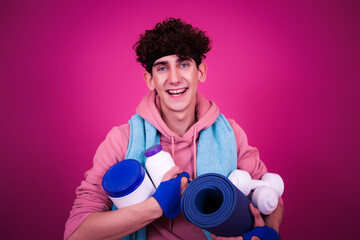 Fitness and healthy lifestyle. Funny curly guy doing sports. Retro style.