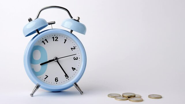 Blue alarm clock ticking on a white background shows hour and minute hands pointing to o'clock, surrounded by scattered coins, representing concepts of time and finance.Timelapse